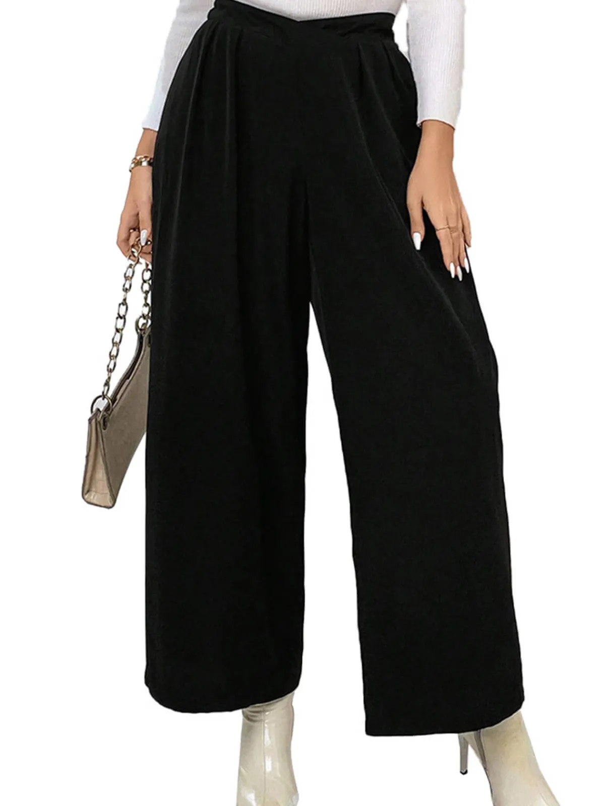 Fashion Retro Stage [Plus Size] 1940s Solid Pleated Waist Straight Pants Black