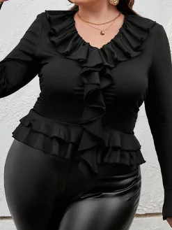 Outlet Retro Stage [Plus Size] 1950s Solid Ruffle V-Neck Blouse Black