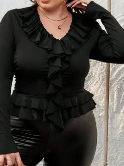 Outlet Retro Stage [Plus Size] 1950s Solid Ruffle V-Neck Blouse Black