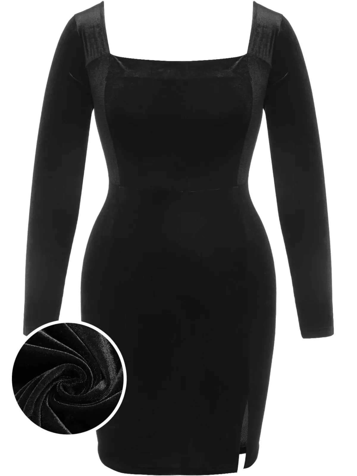 Clearance Retro Stage [Plus Size] 1940s Solid Square Neck Velvet Dress Black