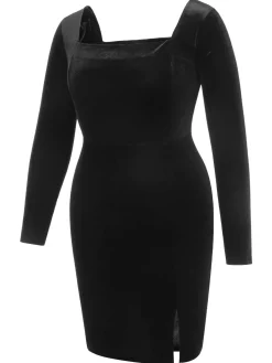 Clearance Retro Stage [Plus Size] 1940s Solid Square Neck Velvet Dress Black