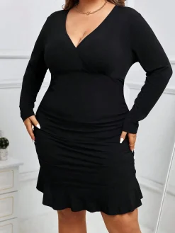 Sale Retro Stage [Plus Size] 1930s Solid V-Neck Ruffle Hem Dress Black