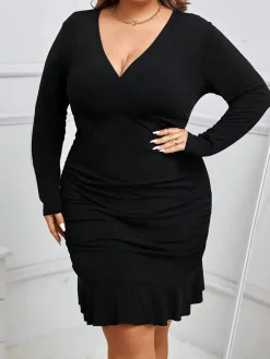 Sale Retro Stage [Plus Size] 1930s Solid V-Neck Ruffle Hem Dress Black