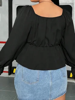 Sale Retro Stage [Plus Size] 1950s Solid V-Neck Lace-Up Blouse Black