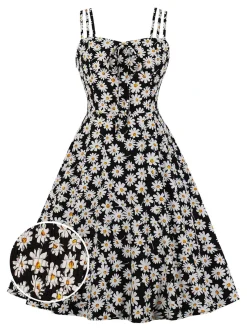 Discount Retro Stage [Plus Size] 1950s Spaghetti Strap Daisy Dress Black