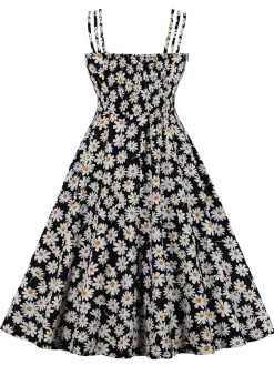 Discount Retro Stage [Plus Size] 1950s Spaghetti Strap Daisy Dress Black