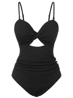 Outlet Retro Stage [Plus Size] Black 1960s Spaghetti Strap Twist Swimsuit