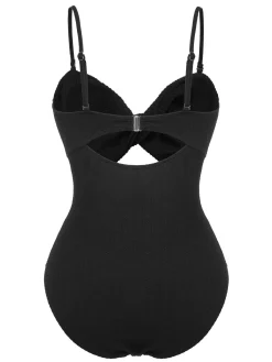 Outlet Retro Stage [Plus Size] Black 1960s Spaghetti Strap Twist Swimsuit