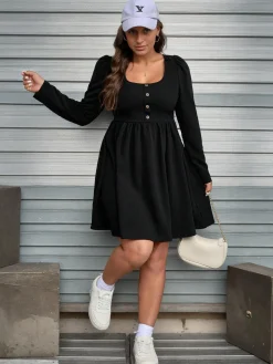 Clearance Retro Stage [Plus Size] 1950s Square Neck Solid Dress Black