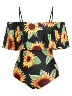 Online Retro Stage [Plus Size] 1940s Sunflower Cold-Shoulder Swimsuit Black