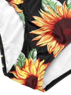 Online Retro Stage [Plus Size] 1940s Sunflower Cold-Shoulder Swimsuit Black