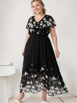 Clearance Retro Stage [Plus Size] 1950s V-Neck Butterflies Patchwork Dress Black