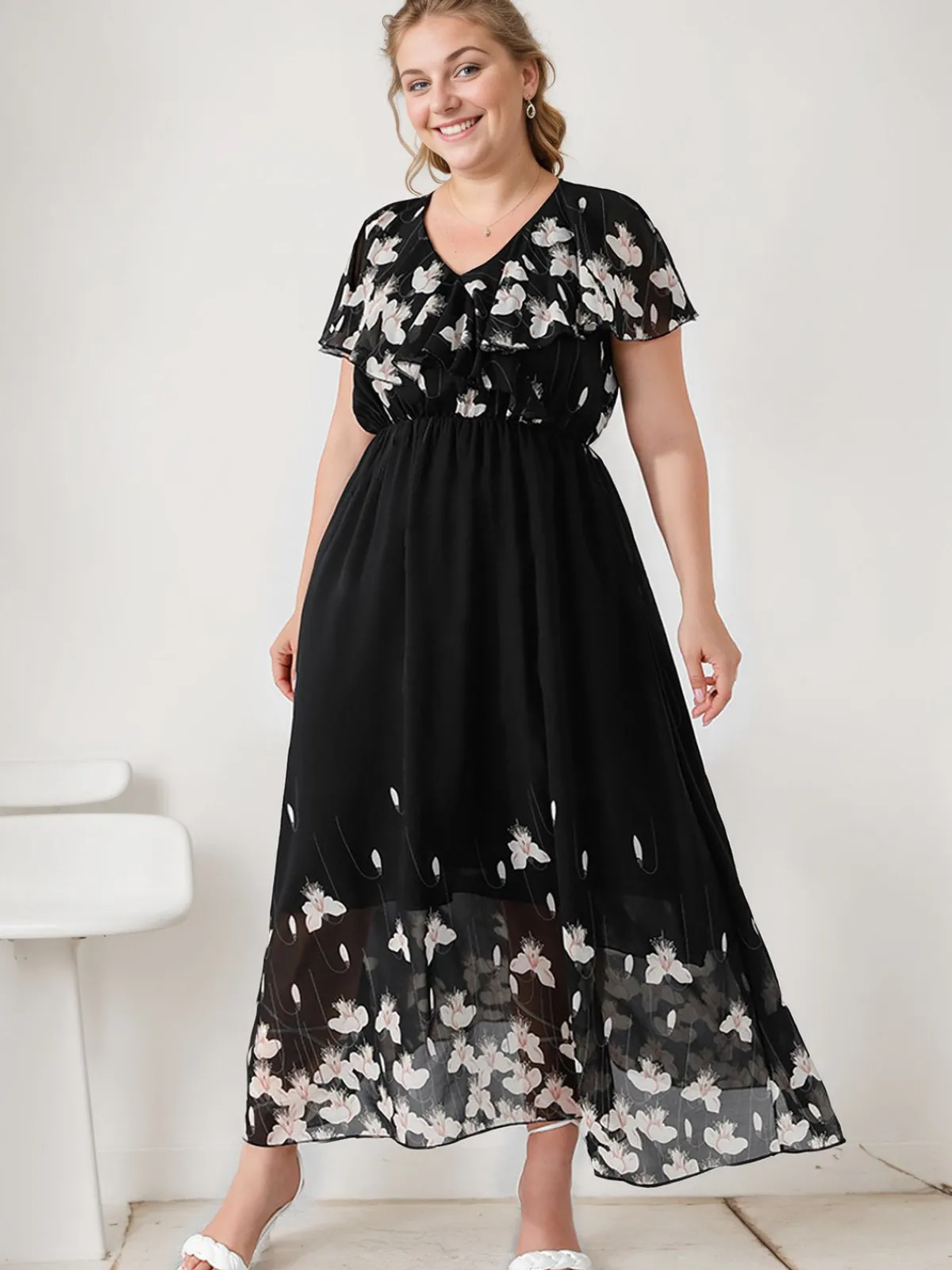 Clearance Retro Stage [Plus Size] 1950s V-Neck Butterflies Patchwork Dress Black