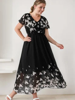 Clearance Retro Stage [Plus Size] 1950s V-Neck Butterflies Patchwork Dress Black