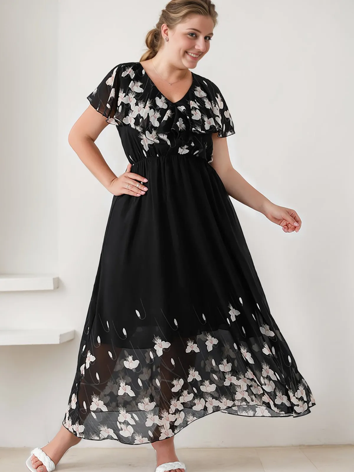Clearance Retro Stage [Plus Size] 1950s V-Neck Butterflies Patchwork Dress Black