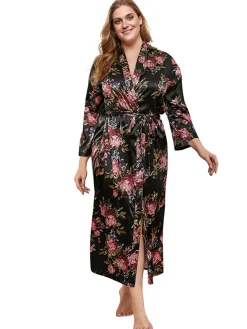 Sale Retro Stage [Plus Size] 1930s V-Neck Floral Pajama Jacket Black