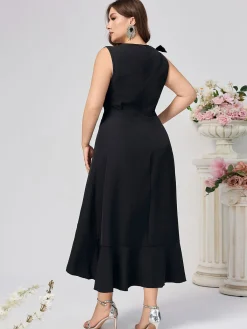 Online Retro Stage [Plus Size] 1950s V-Neck Ruffles Dress Black