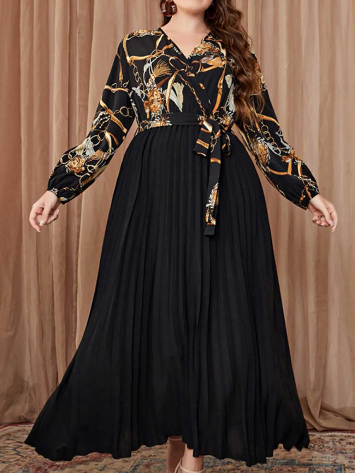 New Retro Stage [Plus Size] 1950s V-Neck Tie Pleated Dress Black