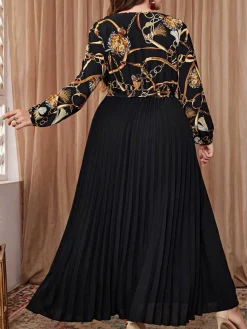 New Retro Stage [Plus Size] 1950s V-Neck Tie Pleated Dress Black