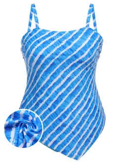 Clearance Retro Stage [Plus Size] 1950s Diagonal Stripe Swimsuit Blue