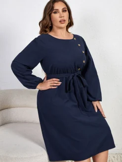Hot Retro Stage [Plus Size] 1950s High-Waist Lantern Sleeve Belted Dress Blue