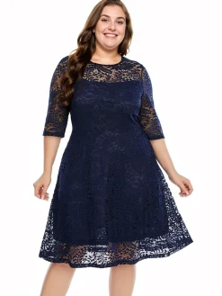 Best Retro Stage [Plus Size] Blue 1950s Lace Half Sleeves Dress Navy Blue