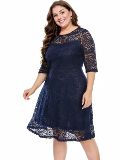 Best Retro Stage [Plus Size] Blue 1950s Lace Half Sleeves Dress Navy Blue
