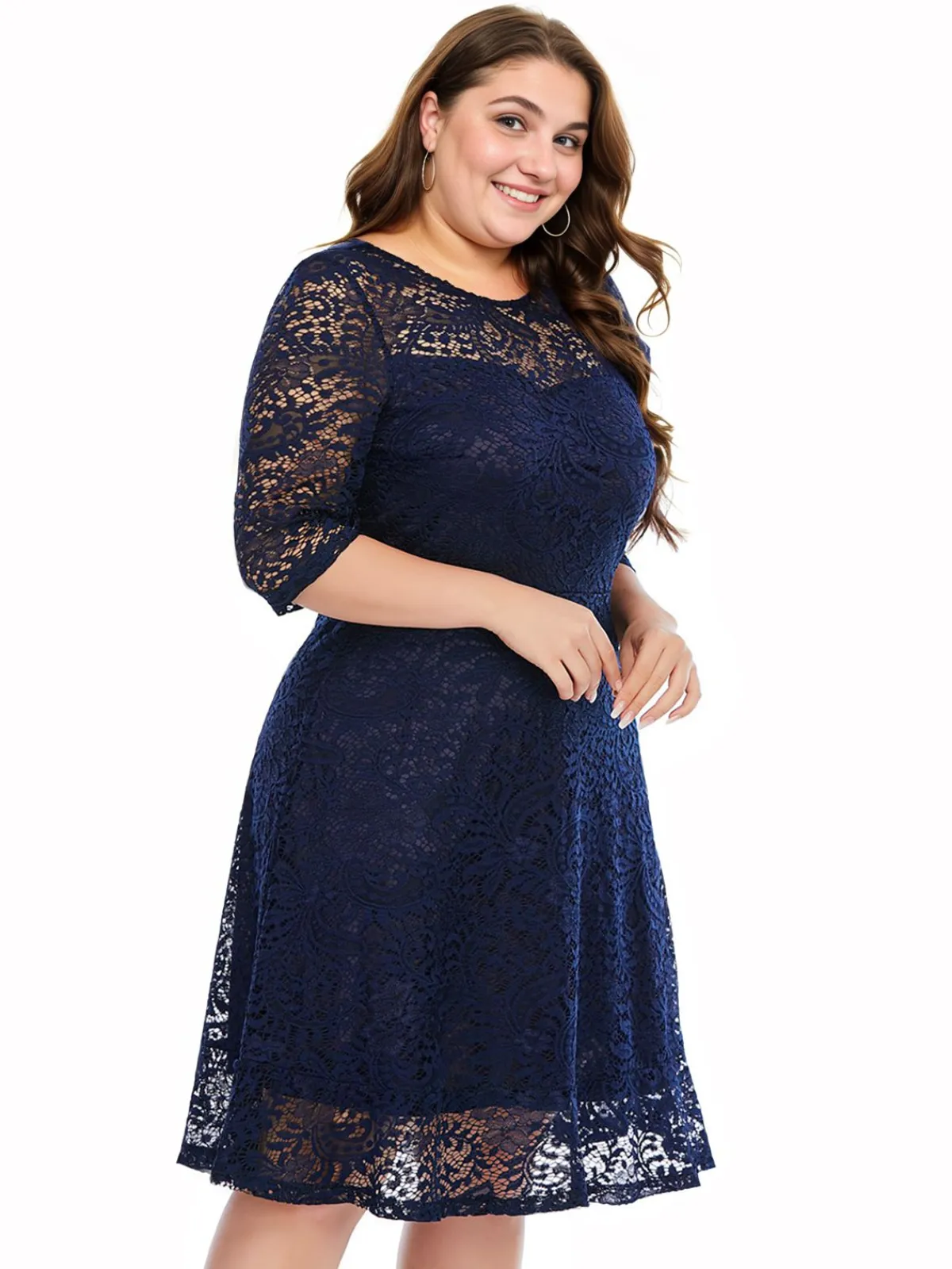 Best Retro Stage [Plus Size] Blue 1950s Lace Half Sleeves Dress Navy Blue