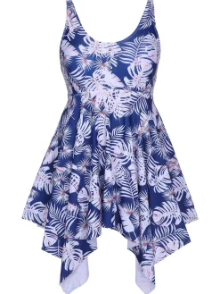 Online Retro Stage [Plus Size] 1950s Leaves Spaghetti Strap Swimsuit Blue