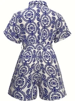 Hot Retro Stage [Plus Size] 1940s Porcelain Print Lapel Romper Blue