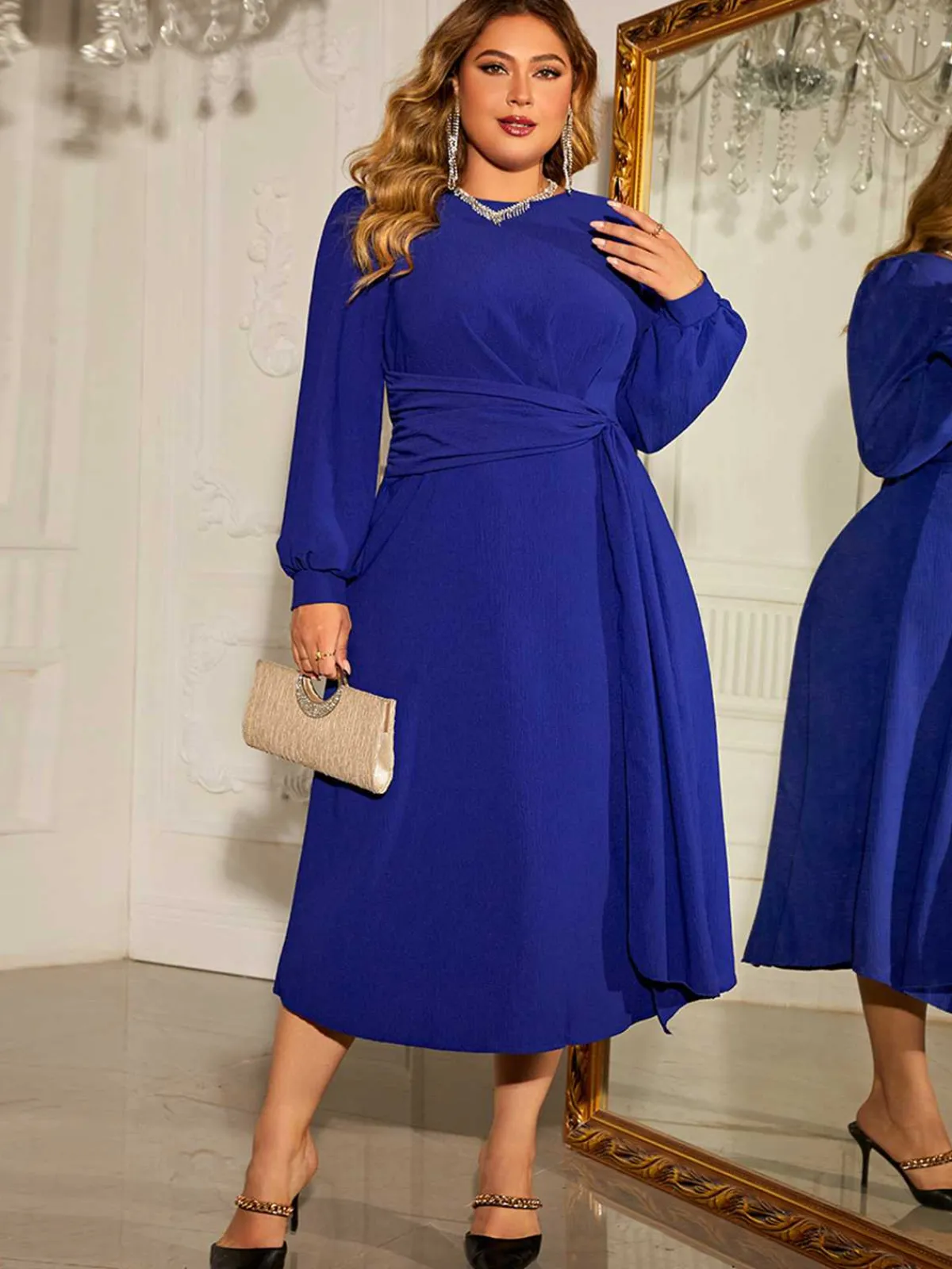 Best Retro Stage [Plus Size] 1940s Puff Sleeve Lace-Up Solid Dress Blue