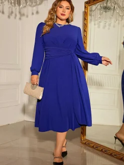 Best Retro Stage [Plus Size] 1940s Puff Sleeve Lace-Up Solid Dress Blue