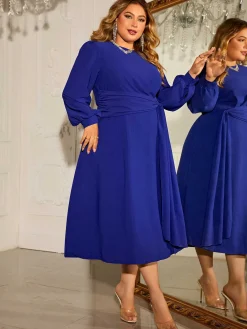 Best Retro Stage [Plus Size] 1940s Puff Sleeve Lace-Up Solid Dress Blue