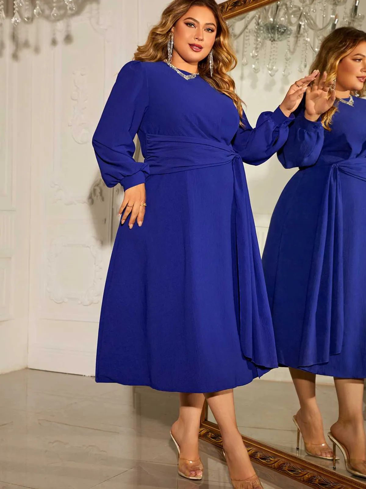 Best Retro Stage [Plus Size] 1940s Puff Sleeve Lace-Up Solid Dress Blue