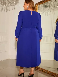 Best Retro Stage [Plus Size] 1940s Puff Sleeve Lace-Up Solid Dress Blue