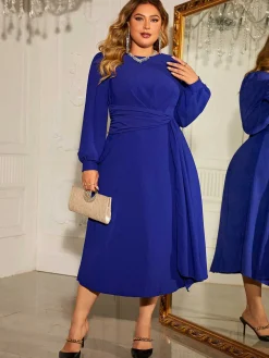 Best Retro Stage [Plus Size] 1940s Puff Sleeve Lace-Up Solid Dress Blue