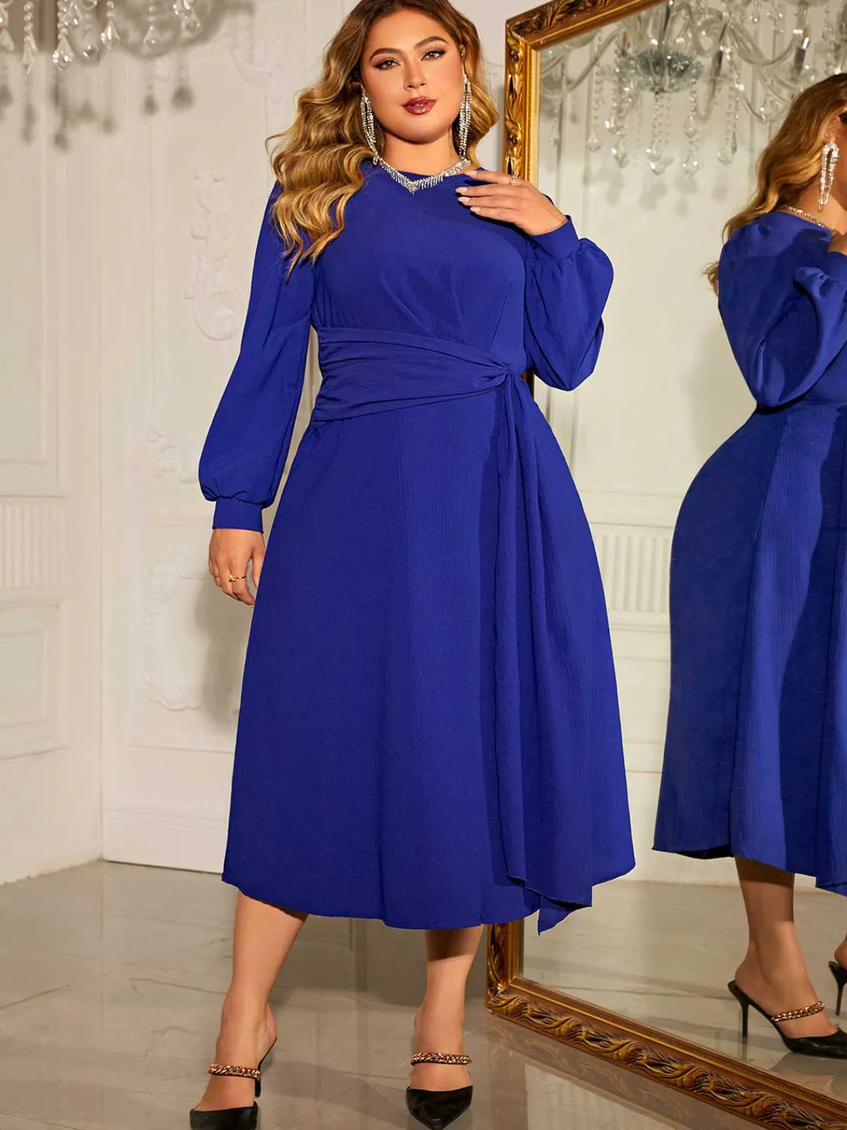 Best Retro Stage [Plus Size] 1940s Puff Sleeve Lace-Up Solid Dress Blue