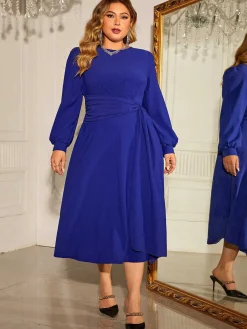 Best Retro Stage [Plus Size] 1940s Puff Sleeve Lace-Up Solid Dress Blue
