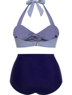 Best Retro Stage [Plus Size] 1940s Striped Halter Bowknot Bikini Set Blue