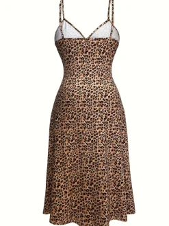Online Retro Stage [Plus Size] 1940s Butterfly Leopard Nightdress Brown