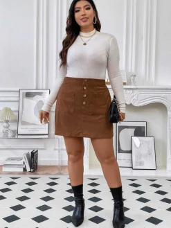 Discount Retro Stage [Plus Size] 1960s Pockets Solid Skirt Brown