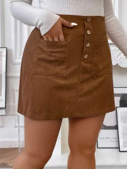 Discount Retro Stage [Plus Size] 1960s Pockets Solid Skirt Brown