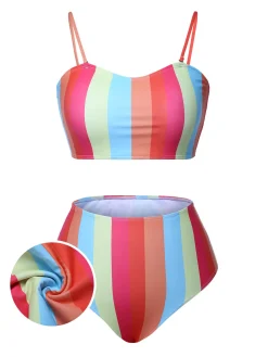 Clearance Retro Stage [Plus Size] Colorful 1950s Vertical Stripe Swimsuit Colourful