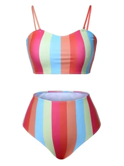 Clearance Retro Stage [Plus Size] Colorful 1950s Vertical Stripe Swimsuit Colourful