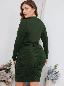 New Retro Stage [Plus Size] 1960s Wrinkle Pencil Dress Dark Army Green