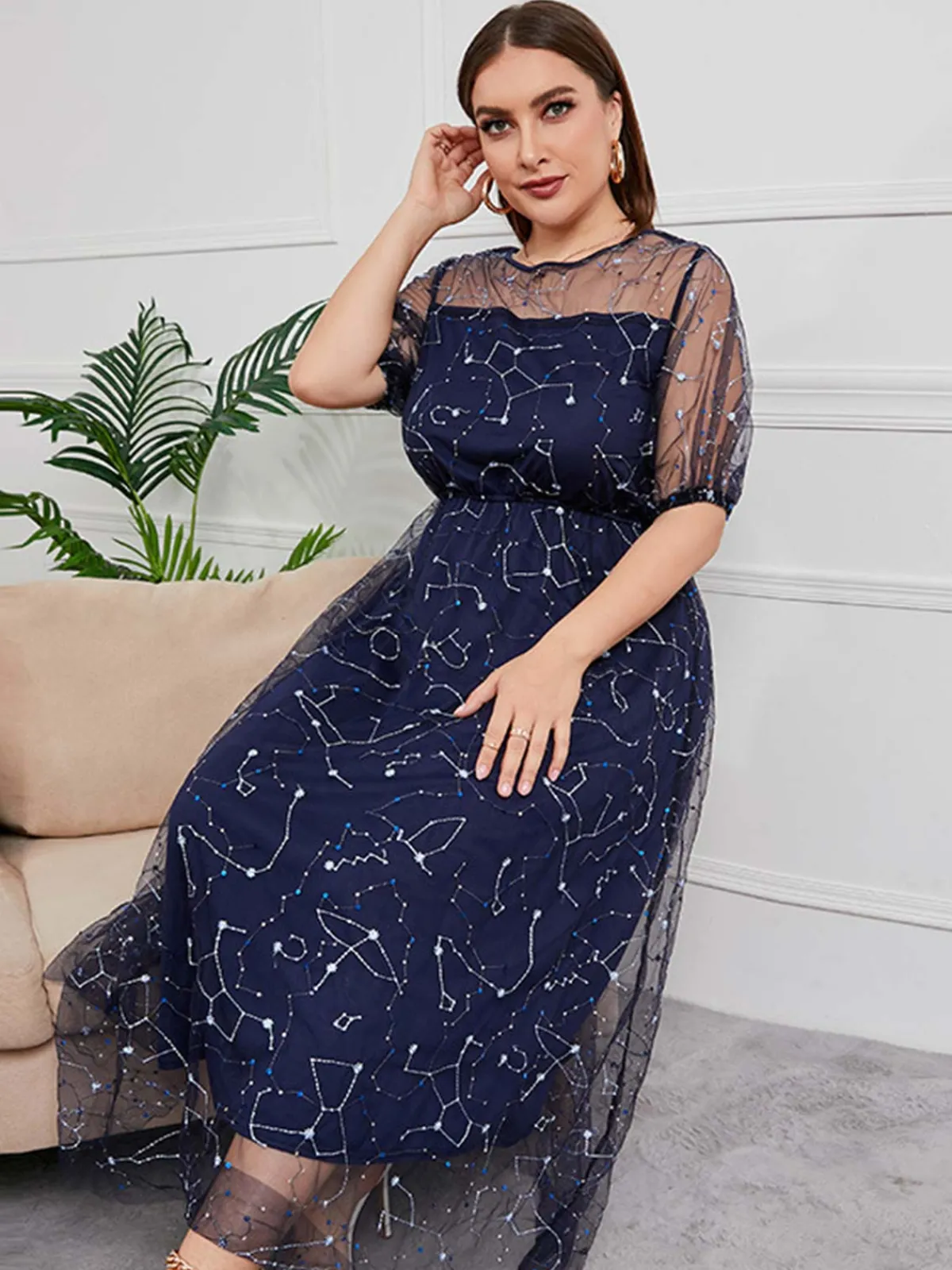 Sale Retro Stage [Plus Size] 1930s Constellation Mesh Dress Dark Blue
