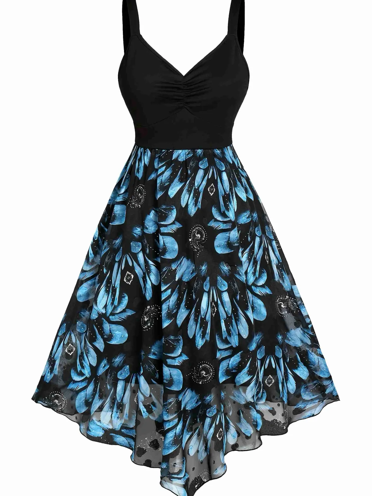 New Retro Stage [Plus Size] 1950s Feather Jacquard Asymmetric Dress Dark Blue