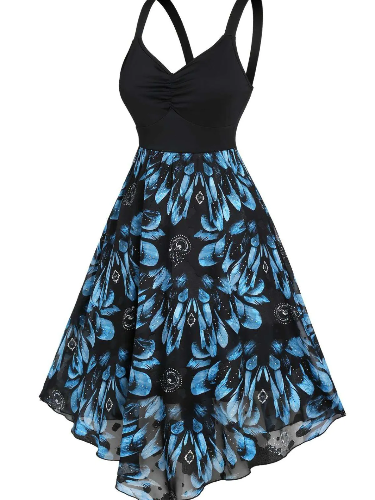 New Retro Stage [Plus Size] 1950s Feather Jacquard Asymmetric Dress Dark Blue