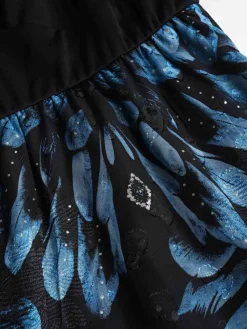 New Retro Stage [Plus Size] 1950s Feather Jacquard Asymmetric Dress Dark Blue