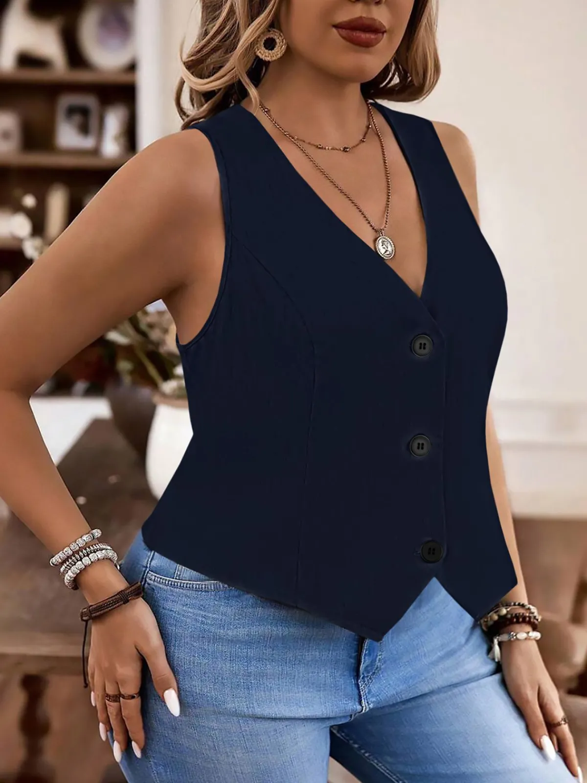 Best Retro Stage [Plus Size] 1950s V-Neck Sleeveless Vest Dark Blue